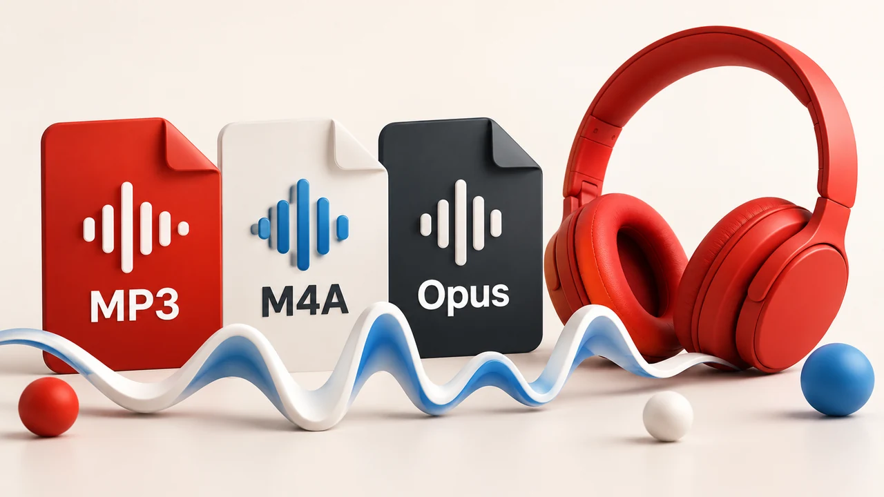 AI illustration of audio-file cards labeled MP3, M4A and Opus beside a waveform and red headphones.