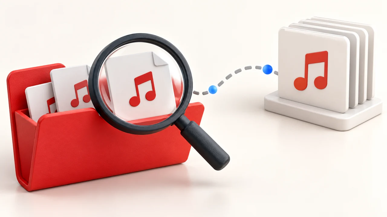 Conceptual AI illustration of a red music folder, audio-file cards and a magnifying glass, not a YMusic screenshot.