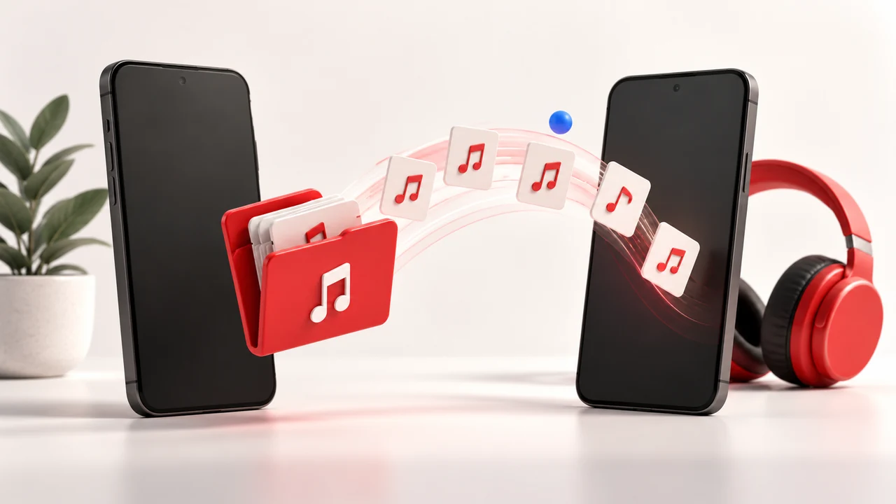 Conceptual AI illustration of audio files moving between separate music folders and blank phone silhouettes.